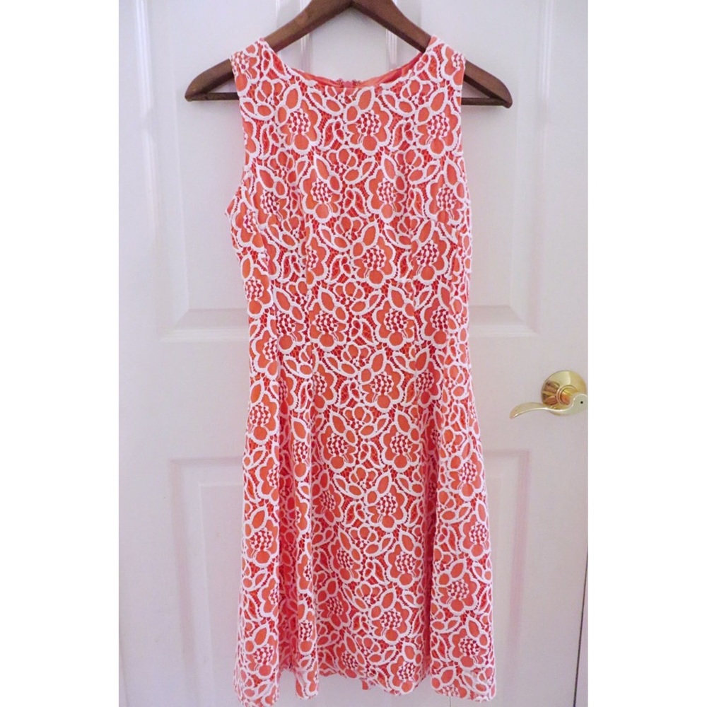 Eva Mendes Coral Lace Fit and Flare Dress